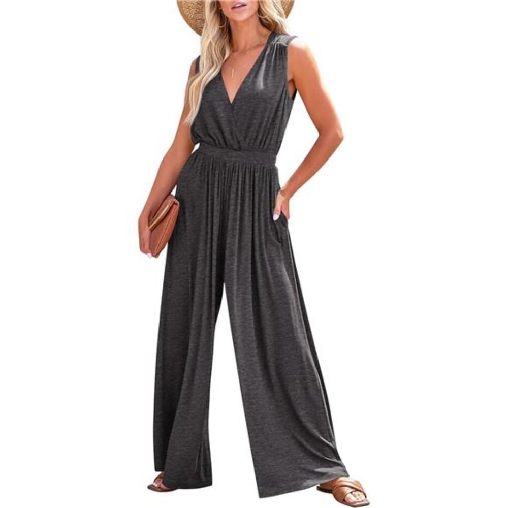 Women's Jumpsuits Sleeveless Wrap V-neck Wide Leg Pants Romper With Pocket